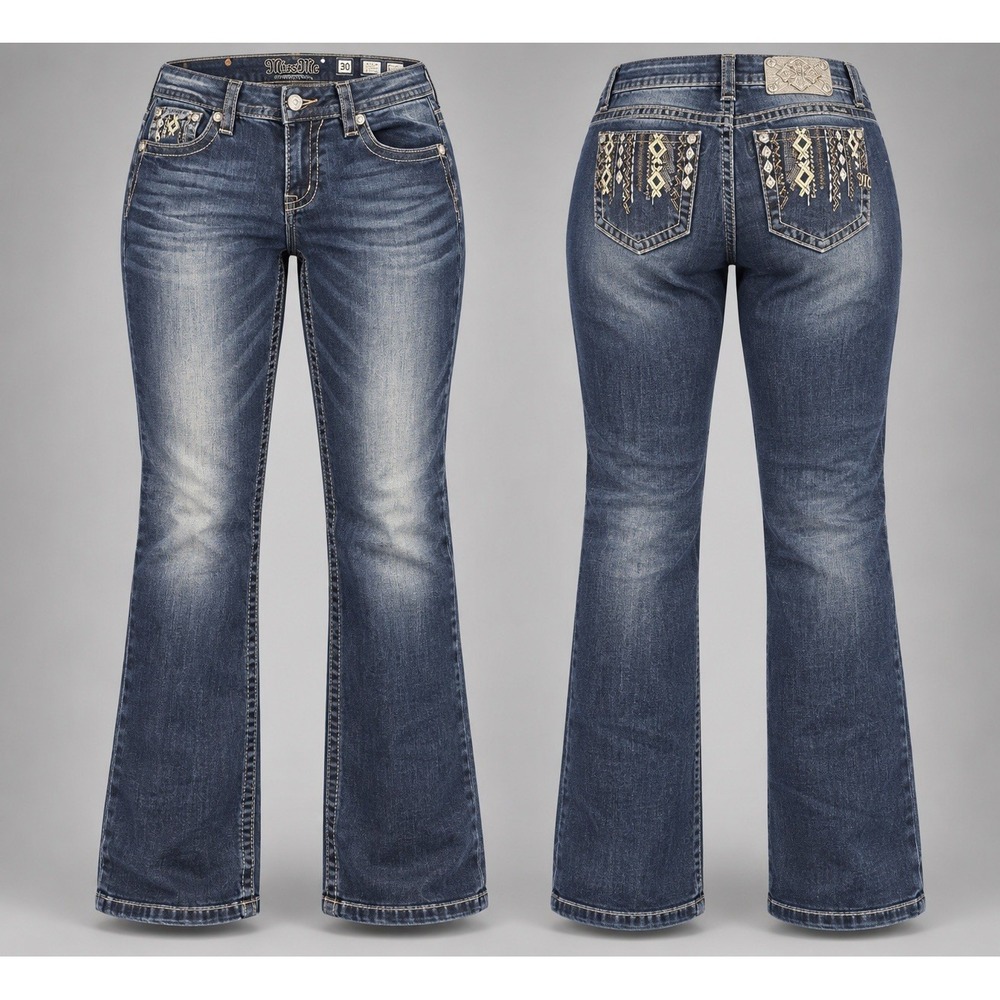 Miss Me jeans Mid-Rise Easy Boot women 30x28 Flare Dark Embroidered tribal y2k